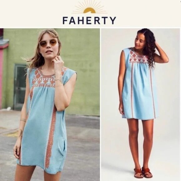 Faherty Queenie Embroidered Dress Chambray Blue XS Boho Cottage Core - Picture 1 of 9